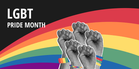 Trendy halftone collage on dark background. LGBT rights campaign Colorful Rainbow. Gender, diversity, unity concept. Vector flat illustration for poster, postcard, banner, stickerのイラスト素材