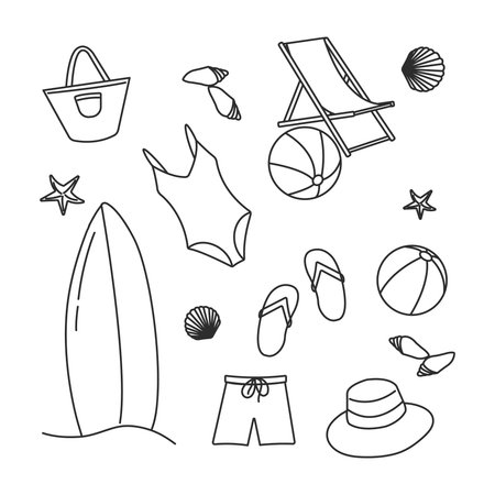 Vector illustration of colorful funny doodles of summer symbols:lounger,swimsuit,surfboard,ball. Collection of cartoon icons with one line.のイラスト素材