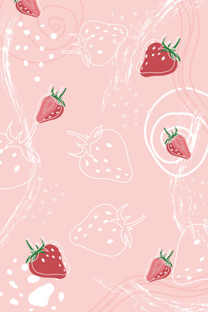 Strawberry on abstract pink background with hand drawn elements. Template for banner, poster, bar, cocktail. Illustration of a drink for menu or packaging designのイラスト素材