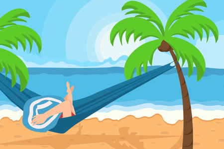 Tropical colorful summer beach,palm leaves,girl relaxing in hammock. Template for invitation, sale, poster, home decor, cover, wallpaperのイラスト素材