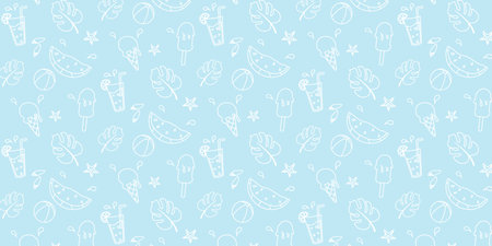 Summer. Hand drawn set of simple icons on blue background with summer elements. Collection of cartoon icons with one line in white color.のイラスト素材