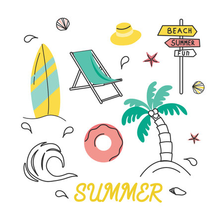 Vector illustration of colorful funny colored doodles of summer characters.のイラスト素材