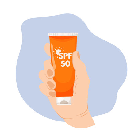A womans hand holding a tube of sunscreen. Moisturizing moisturizer, sunscreen, sunscreen, skin protection and blocking ultraviolet rays. Moisturizing and protecting your skin from the suns ultraviolet rays.のイラスト素材
