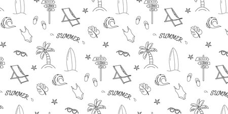Summer. Hand drawn set of simple icons on white background with summer elements. Collection of...