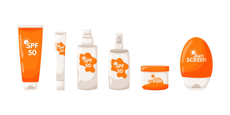 Set of sunscreens for face and body. Moisturizes and protects the skin from the suns ultraviolet radiation.のイラスト素材
