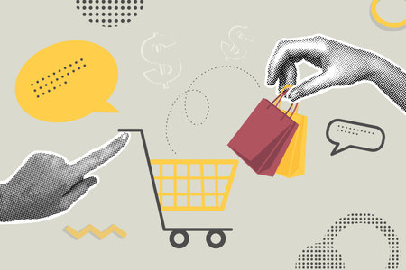 Trendy halftone collage of business concept in retro style. Shopping cart and hands with shopping.Vector illustration of sales, increase sales,financial profit, global strategy. Creative concept for web banner,social media banner,marketing materialのイラスト素材