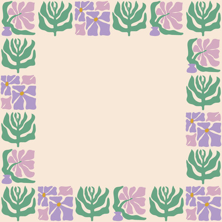 Colorful retro style square frame featuring lavender flowers. Vintage style hippie clipart element design collection. Hand drawn nature collage, summer blank template with flowers.のイラスト素材