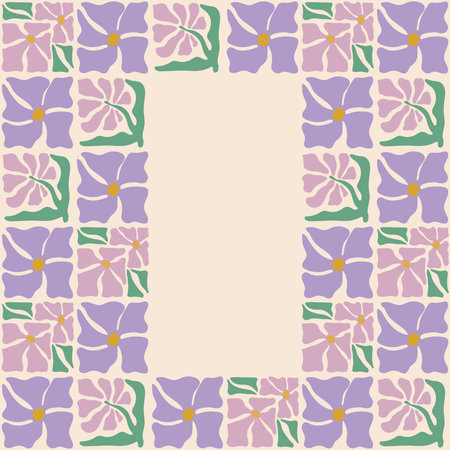 Colorful retro style square frame featuring lavender flowers and buds. Vintage style hippie clipart element design collection. Hand drawn nature collage, summer blank template with flowers.のイラスト素材