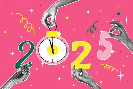 Half-tone collage. 2025 Concept of holiday, fun. Human hands holding numbers of the year, Christmas tree toy with dial. Vector illustration for greeting card, invitation, web banner, social media banner, marketing material.のイラスト素材