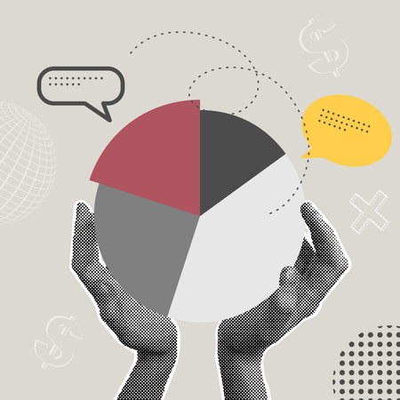 Trendy halftone business concept collage. Illustration of marketing, planning, market research, diagram. Teamwork, work efficiency, partnership concept. Trendy modern retro vector illustrationのイラスト素材