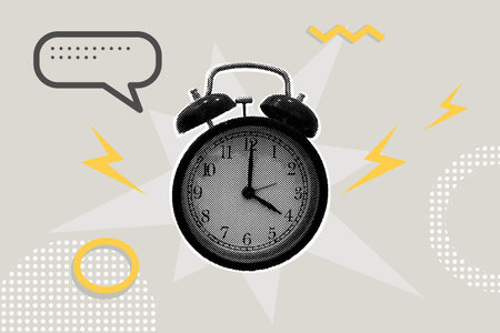 Halftone collage of a ringing alarm clock.Time, Time, Hurry. Vector business concepts for graphic and web design, business presentations, marketing and print materials, social media.のイラスト素材