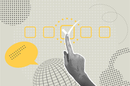 Fashionable halftone collage. Checklist concept. A human hand makes the correct checkboxes to check.のイラスト素材