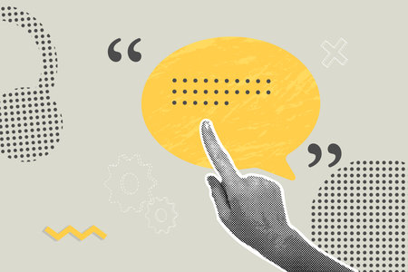 Fashionable halftones business concept collage. Illustration of discussion, planning, survey, research, business report. Vector illustration of web banner, social media banner.のイラスト素材