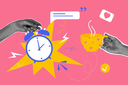 Trendy halftone collage. Business concept, lunch, rest, break. Trendy modern retro illustration in...