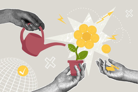 Fashionable halftone collage business concept. Concept of hands with investment. The image shows hands that attract investment for business development.Trendy modern retro illustrationのイラスト素材