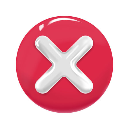 3D plastic cross on red round background. Prohibition concept, deletion, no, error, failed symbol...