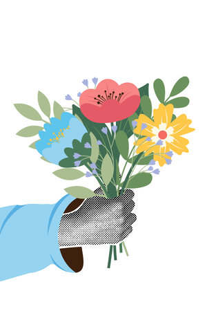 Template for fashionable halftone collage. Flowers in hand. International womens day , mothers day, march 8, birthday. Vector illustrationのイラスト素材
