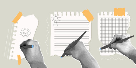 Fancy halftone collage. Set of torn sheets of paper, tape and halftone hands with pen. Modern template for design.のイラスト素材