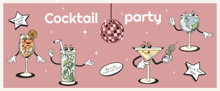 Set of retro cocktails with groovy style characters with different poses and emotions. Gin tonic, spritz, martinis, mojitos. Talisman for bars and restaurants.Character of 60s and 70s for retro posters and postcardsのイラスト素材
