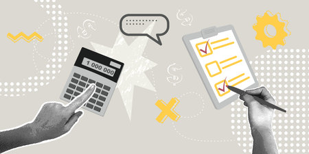 Trendy halftone collage. Accounting concept, summarizing, analytics,business development,...