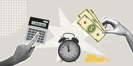 Trendy halftone collage. Concept of accounting, increase profit in short time, accumulation,business development, optimization.Illustrations for web banners, social media, business presentations, marketing materialsのイラスト素材