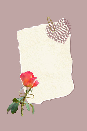 Fashionable vector illustration. Bright colored scotch tape for frame. Collage frame, scotch tape, vector rose, torn paper and textured background. Modern trendy retro style.のイラスト素材