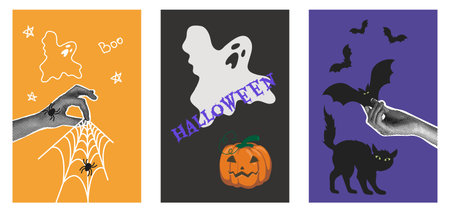 Fashionable halftone collage. Poster set. Halloween holiday concept. Hand holding spider web,bat,cat,pumpkin and ghost. Modern design banner, holiday party poster, promotional materials.のイラスト素材