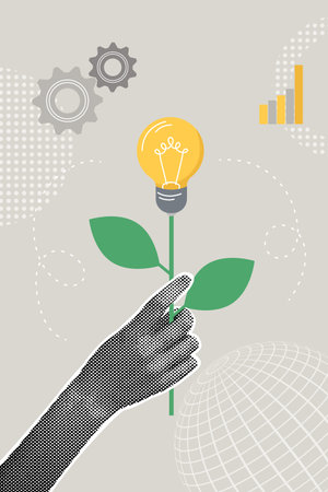 Modern halftone collage. Concept of the idea, present the idea, collect, business plan. Business creative illustration for web banner, marketing material, business presentationのイラスト素材