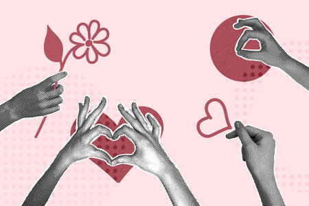 Modern halftone collage. Human hand and red heart. Concept of love, support, compassion, careのイラスト素材