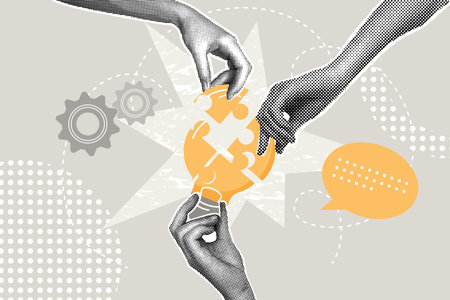 Modern halftone collage. Teamwork concept,collaborative idea development,employee participation concept,interaction to get a solution. Business creative illustration for web banner,marketing material,business presentationのイラスト素材