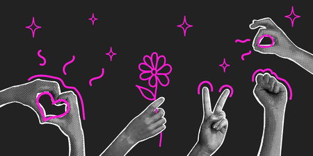 Modern halftone collage. Human hands and gestures of love,care, unity. Concept of love, support,...