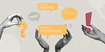Trendy halftone business concept collage. Vector illustration of right considered decision, writing,...