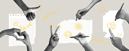 Modern halftone collage. Retro style notes, reminders, memos concept. Set of torn pieces of paper and halftone hands with pen and different gestures. Modern collage for designのイラスト素材