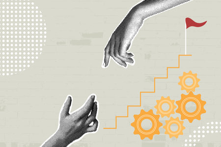 Contemporary halftone collage. Concept of success, helping hand, achieve success, top of career...