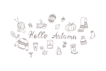 Hello Autumn hand drawn fall designs. Scarf, candle, rowan, hot coffee, tea,socks, sweater, scarf with hat, ball of wool threads, leaves, acorns and mushrooms. Cozy fall collection.のイラスト素材