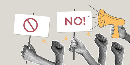 Contemporary halftone collage. Concept of protest, public assembly, labor strike, civil rights...