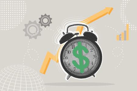 Trendy halftone collage. Concept of making profit, time for money, reminder to pay debt, bills, ringing alarm clock with dollar sign on dial. Illustration for web banner, social media bannerのイラスト素材