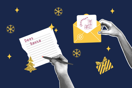 Trendy christmas halftone collage. Hand writing a letter to santa and sending a greeting card. Halftone collage with gold glitter texture for cards, posters, templates.のイラスト素材