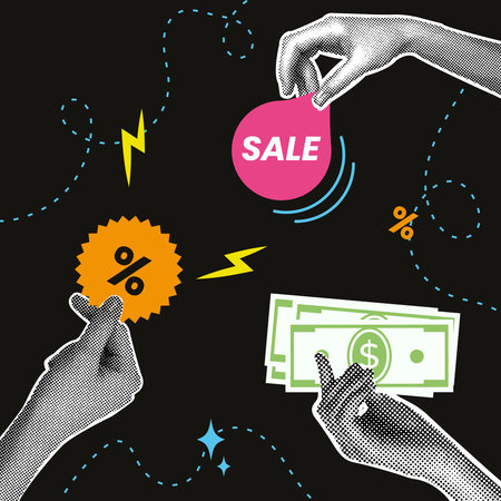 Trendy halftone collage. Image of hands with discount coupon and money. Trendy retro collage from 80s with SALE theme for design. Trendy modern retro illustration in mixed technique.のイラスト素材