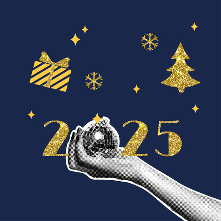 Trendy christmas halftone collage. Disco ball in hand and numbers 2025. Halftone collages with gold glitter texture for cards, posters, templates.のイラスト素材