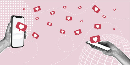 A trendy halftone collage. Concept of online communication, congratulating each other, mutual sympathy. Hands holding a modern phone, social media icon in the form of a heart. Trendy retro collage from the 90s.のイラスト素材