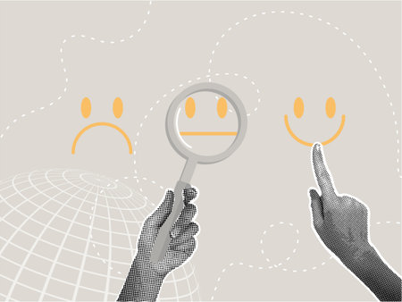 Trend halftone collage. Feedback concept, customer feedback, customer reviews, customer evaluation, rating concept. Hand picks face with smile showing customer satisfaction and high rating.のイラスト素材