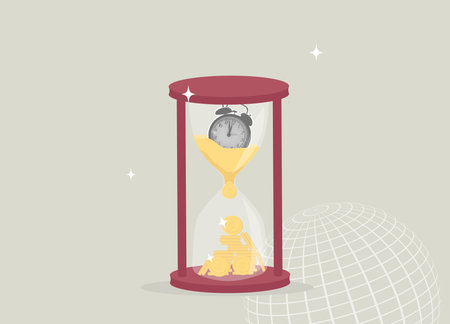 Trendy halftone collage. Time is money,business concept, long term investment for profit, return on interest rate by increasing savings, long term return on investment. Halftone hourglass alarm clock, sand turning into money profit.のイラスト素材