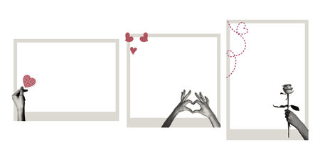 Trendy halftone collage with photo frames. Instant photo frame template concept with halftone stickers , photo album, memories, love.のイラスト素材