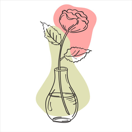 Rose in transparent round vase. Line Art illustration with color abstract background. Vector line art detailed illustration.のイラスト素材