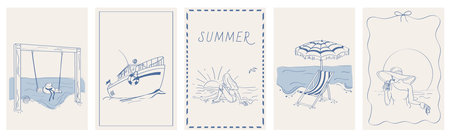 Doodle style vector poster set. Seaside weekend or vacation at the sea.Sea, tranquility, beach. Poster sketch, retro style.のイラスト素材
