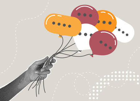 Trendy halftone collage. Hand holding speech bubbles like balloons. Public relations concept, communication management, commentary work.のイラスト素材