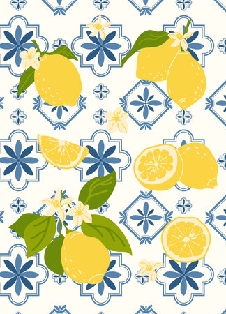 Background with Italian geometric tiles and lemon branches with flowers. Summer wallpaper of the Amalfi Coast. Traditional blue geometric background texture.のイラスト素材