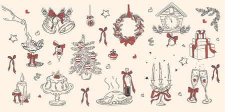 A vintage holiday collection of hand-drawn elements for Christmas and New Years holidays.A minimalist retro pattern featuring candles,a turkey,a Christmas tree,an Advent wreath,and champagne.のイラスト素材