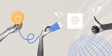 Ideas that empower. Global energy and innovation. Success. Trendy halftone collage. Concept of the...